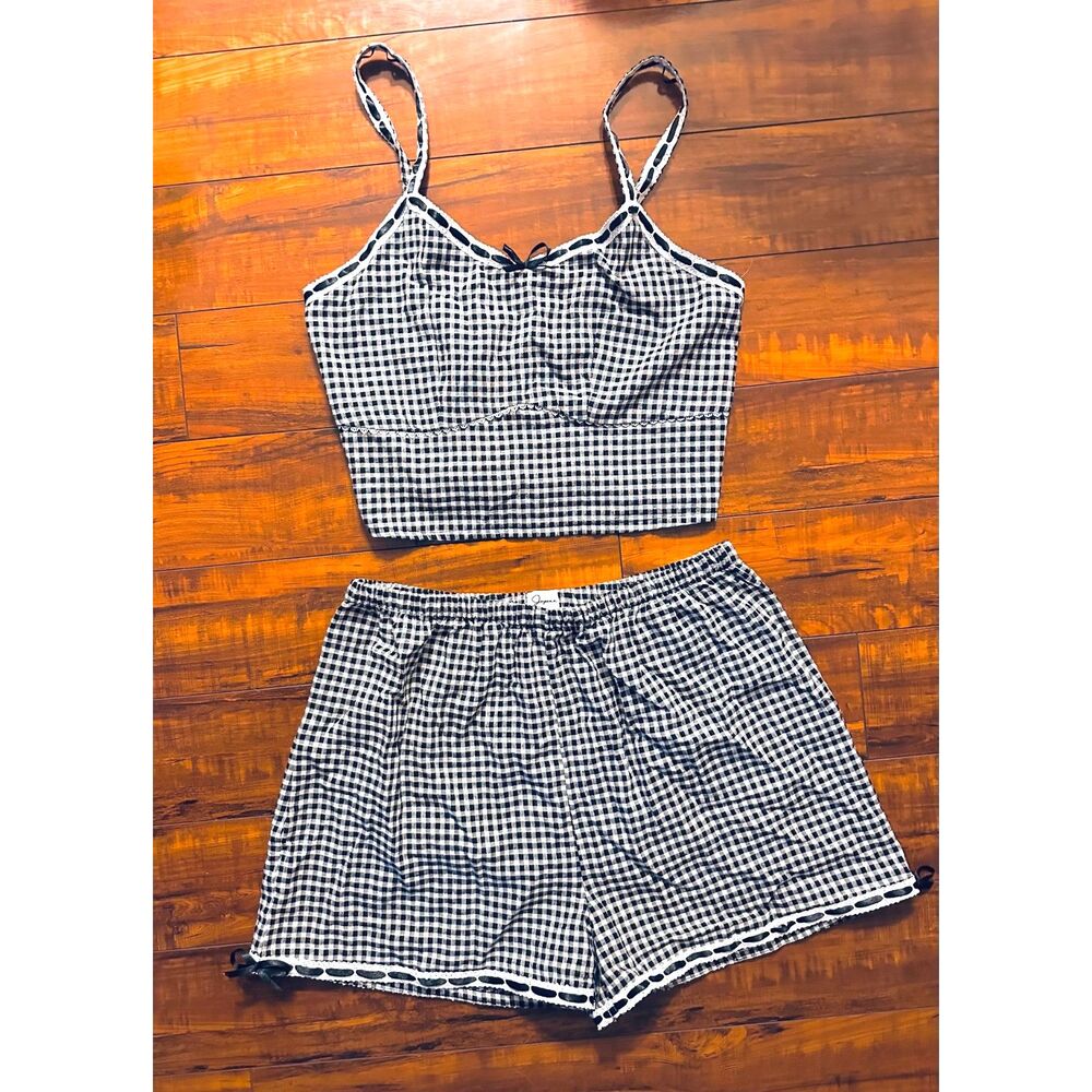 VTG Inspired Cottage core Feminine Coastal Navy-White Gingham Matching 2PC set L